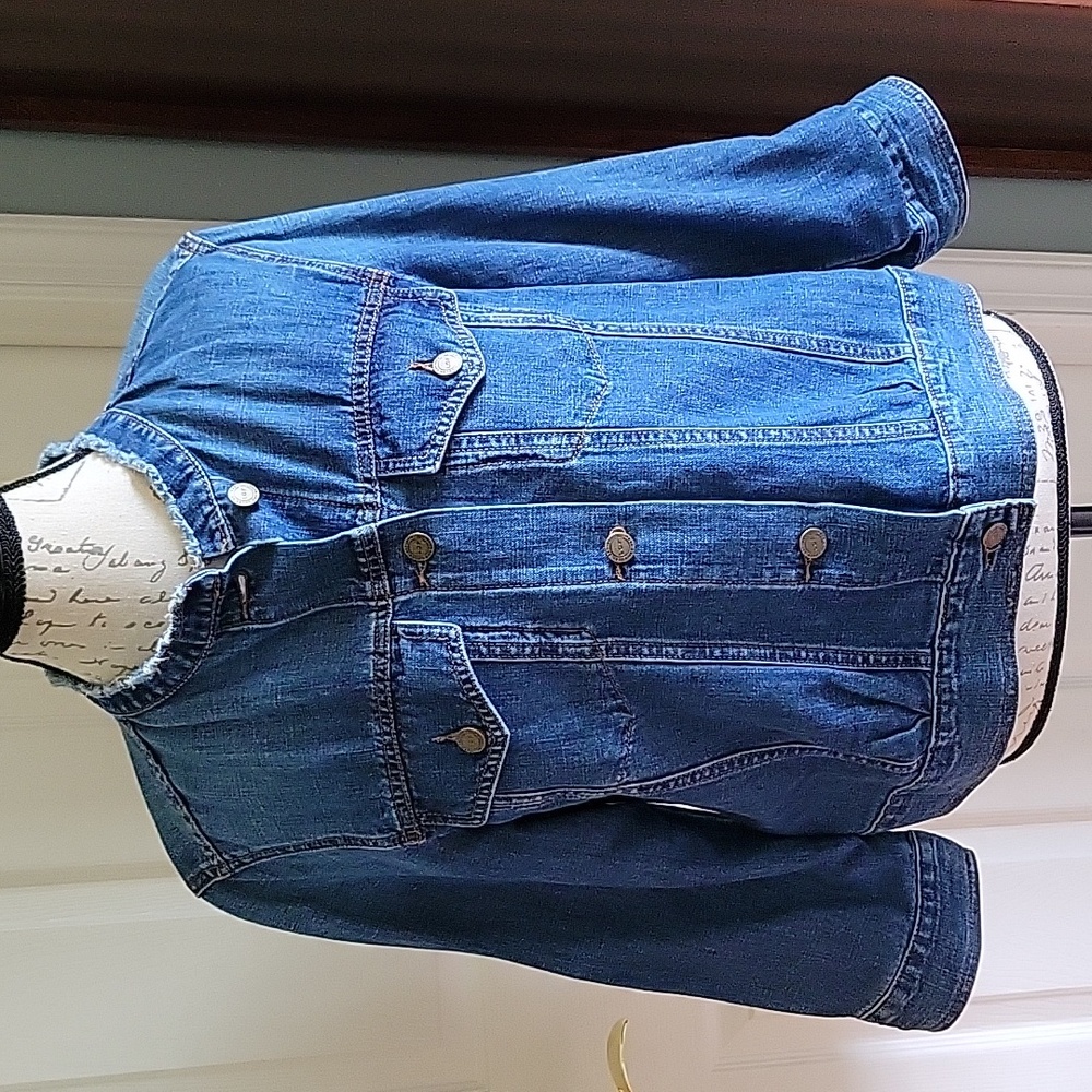 LOFT L Denim Jacket with Fringe Collar